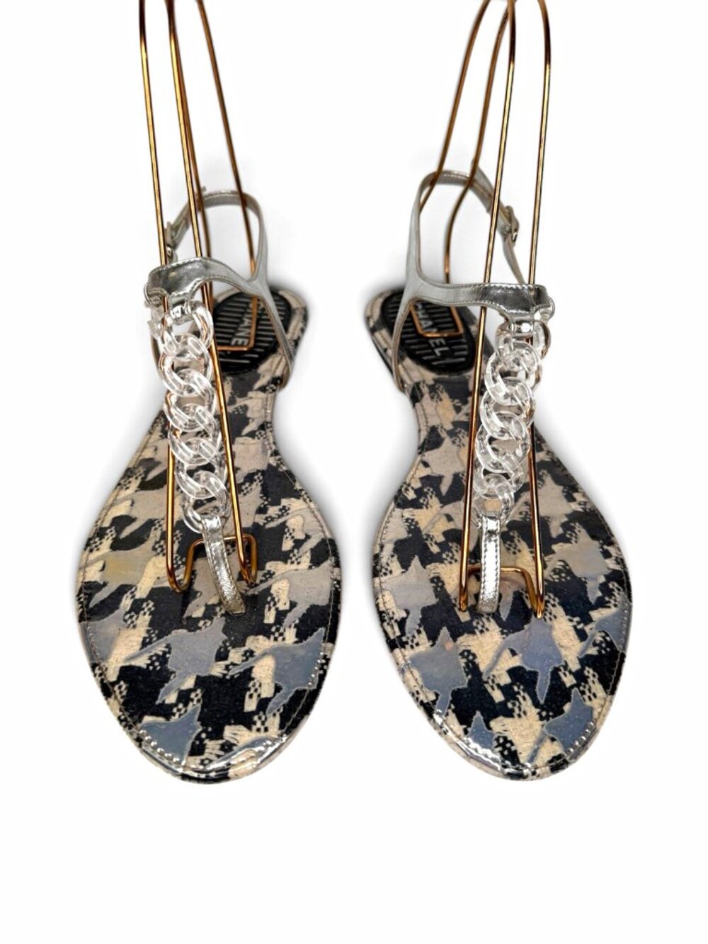 CHANEL EU 40 US 9 Silver Strappy Houndstooth Chain Ankle Strap Jelly Sandals